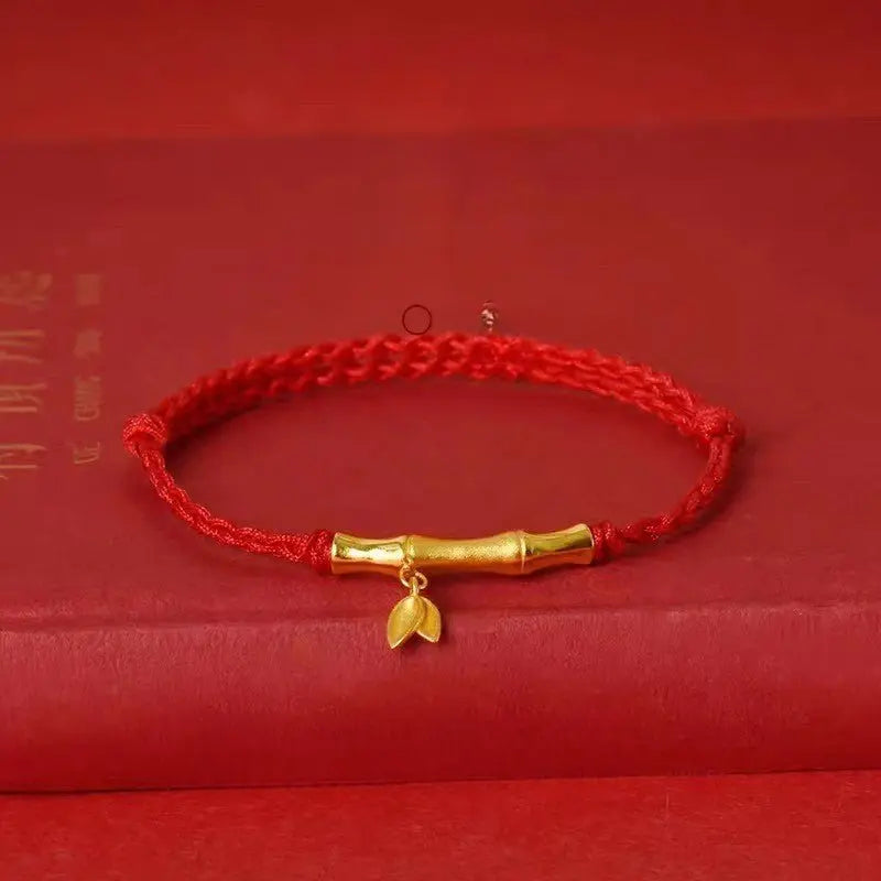 handmade bamboo segment red string bracelet with s925 silver plated gold, good luck charm for exams - star8s