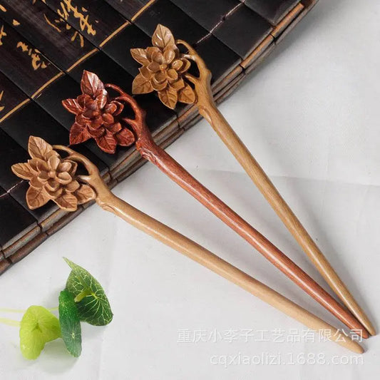 Handmade Green Sandalwood Hairpin, Classic Hanfu Hairstyling Accessory - STAR8S