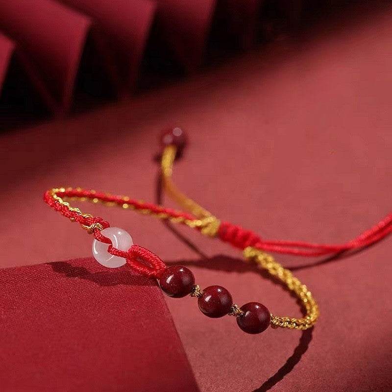 natural cinnabar hand rope with jade safety buckle, woven fashion jewelry for women - star8s