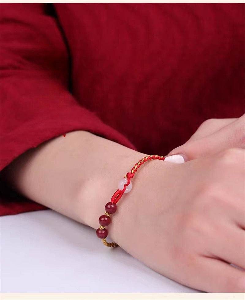 natural cinnabar hand rope with jade safety buckle, woven fashion jewelry for women - star8s