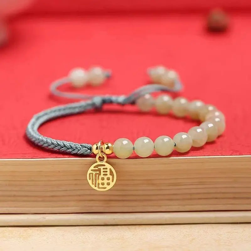 handmade natural hetian jade bracelet with blessing pendant braided bracelet - star8s