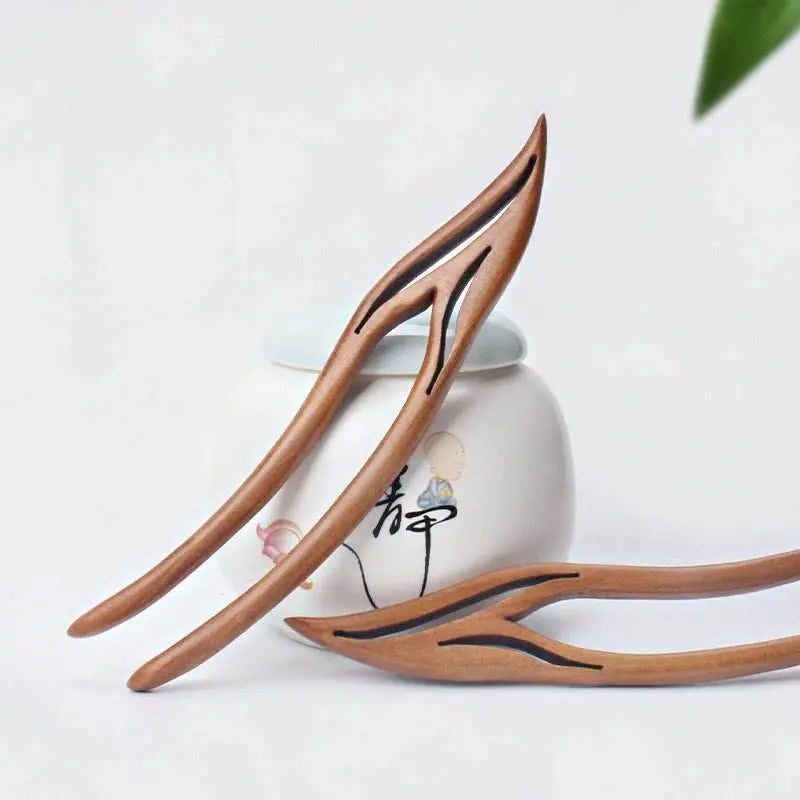 handmade peach wood double prong hairpin for vintage & modern bun, token of love - star8s