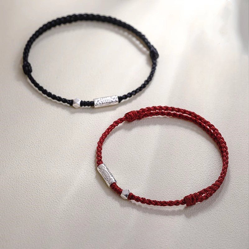 Handmade Red String Bracelet for Couples – 925 Sterling Silver Fish Bead, Adjustable Red & Black Cord - STAR8S