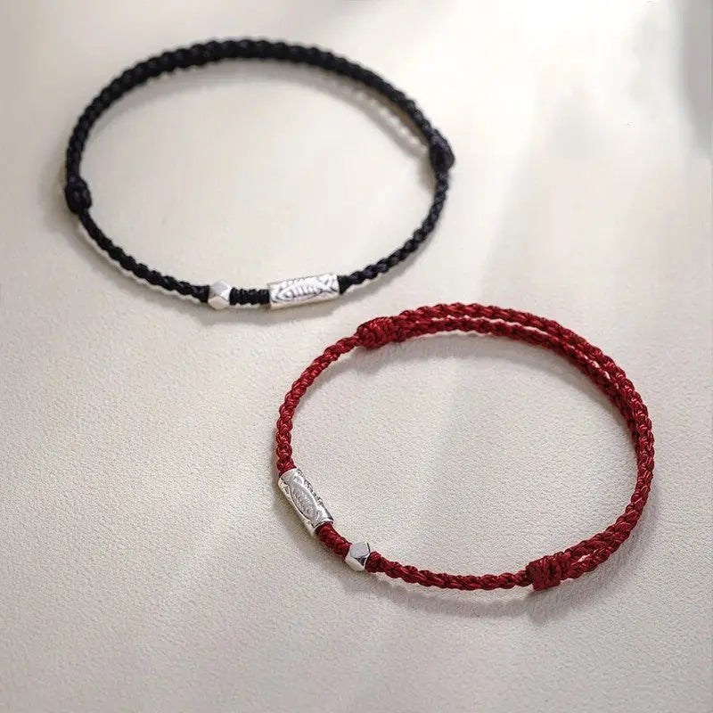 Handmade Red String Bracelet for Couples – 925 Sterling Silver Fish Bead, Adjustable Red & Black Cord - STAR8S