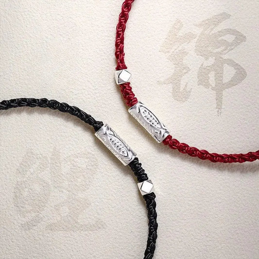 Handmade Red String Bracelet for Couples – 925 Sterling Silver Fish Bead, Adjustable Red & Black Cord - STAR8S