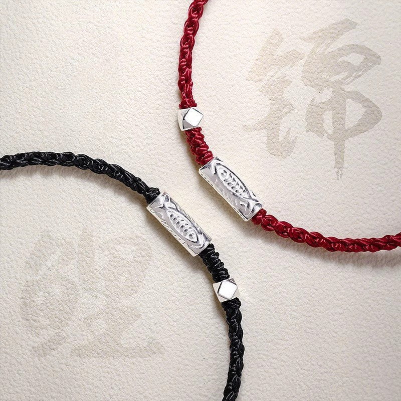 Handmade Red String Bracelet for Couples – 925 Sterling Silver Fish Bead, Adjustable Red & Black Cord - STAR8S