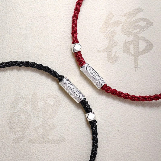Handmade Red String Bracelet for Couples – 925 Sterling Silver Fish Bead, Adjustable Red & Black Cord - STAR8S