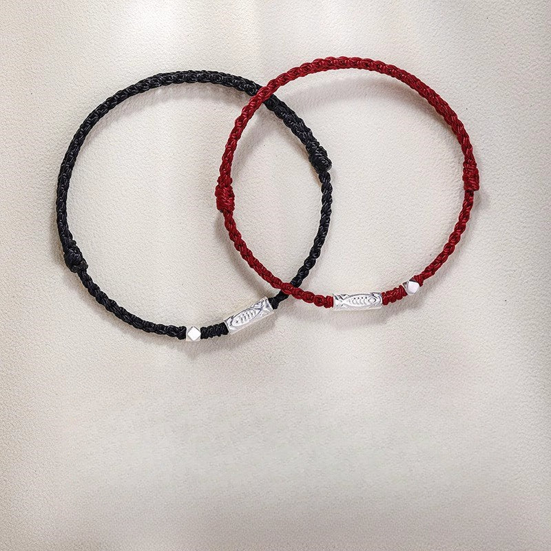 handmade red string bracelet for couples – 925 sterling silver fish bead, adjustable red & black cord - star8s