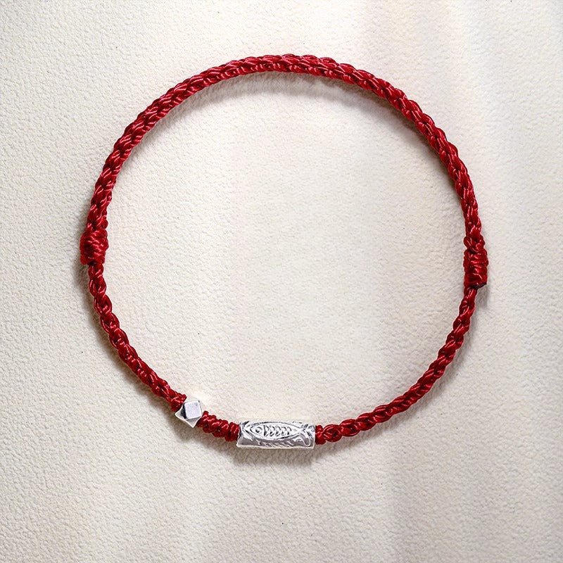 handmade red string bracelet for couples – 925 sterling silver fish bead, adjustable red & black cord - star8s