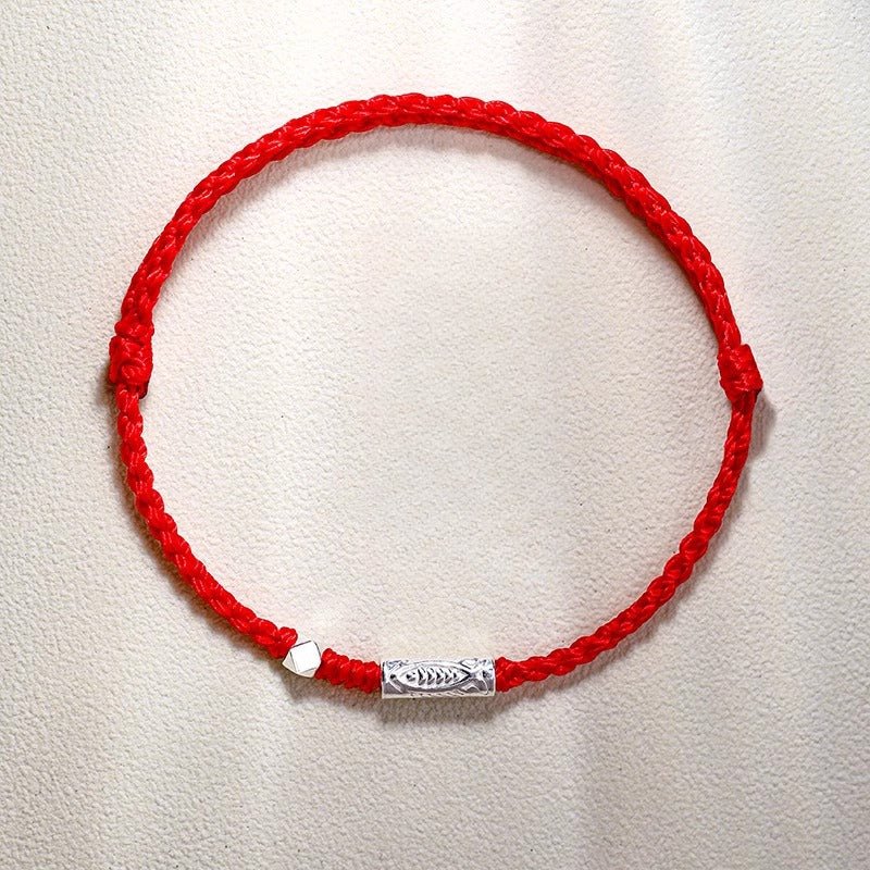 handmade red string bracelet for couples – 925 sterling silver fish bead, adjustable red & black cord - star8s