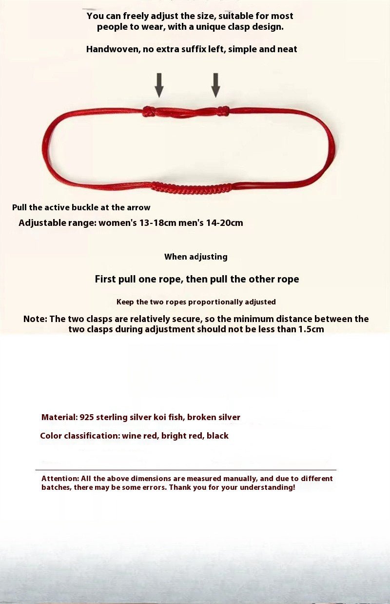 handmade red string bracelet for couples – 925 sterling silver fish bead, adjustable red & black cord - star8s