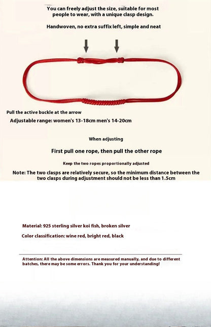 Handmade Red String Bracelet for Couples – 925 Sterling Silver Fish Bead, Adjustable Red & Black Cord - STAR8S