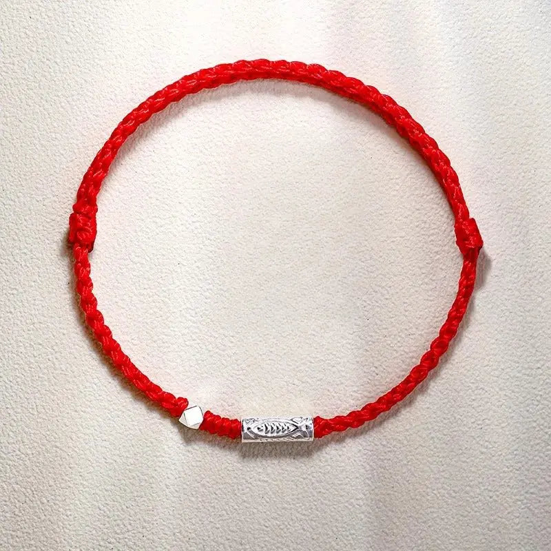 handmade red string bracelet for couples – 925 sterling silver fish bead, adjustable red & black cord - star8s
