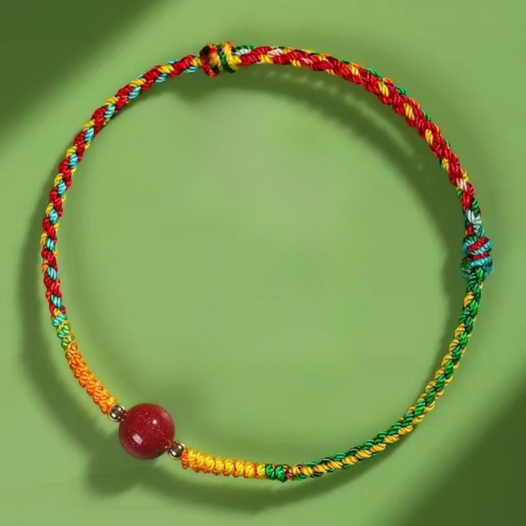 Handmade Red String Bracelet for Kids & Adults - Adjustable Five - Color Thread with Red Sandstone Bead - STAR8S