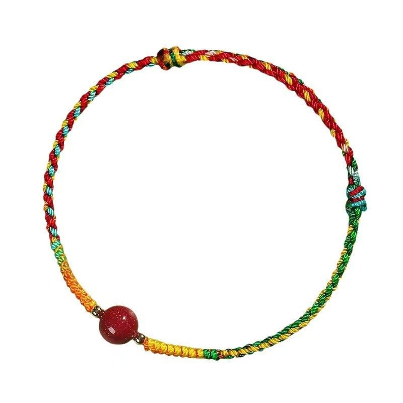Handmade Red String Bracelet for Kids & Adults - Adjustable Five - Color Thread with Red Sandstone Bead - STAR8S