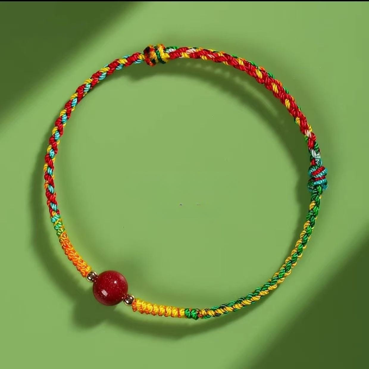 handmade red string bracelet for kids & adults - adjustable five - color thread with red sandstone bead - star8s