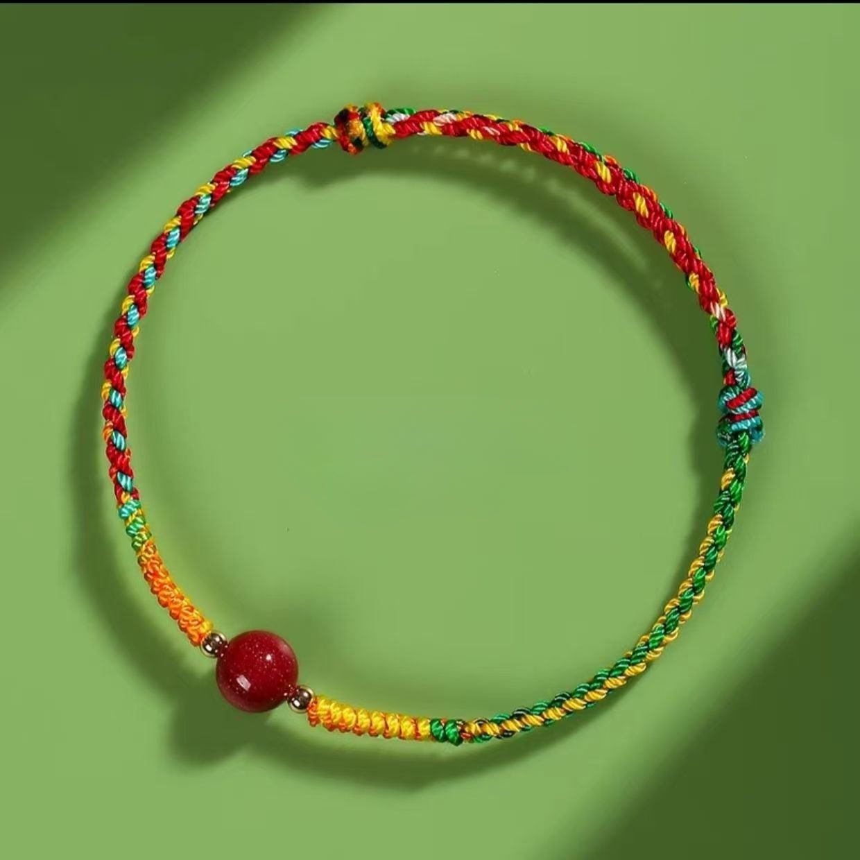 Handmade Red String Bracelet for Kids & Adults - Adjustable Five - Color Thread with Red Sandstone Bead - STAR8S