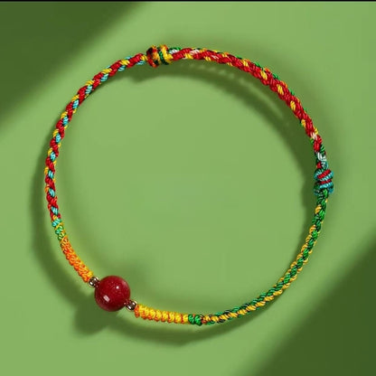 Handmade Red String Bracelet for Kids & Adults - Adjustable Five - Color Thread with Red Sandstone Bead - STAR8S