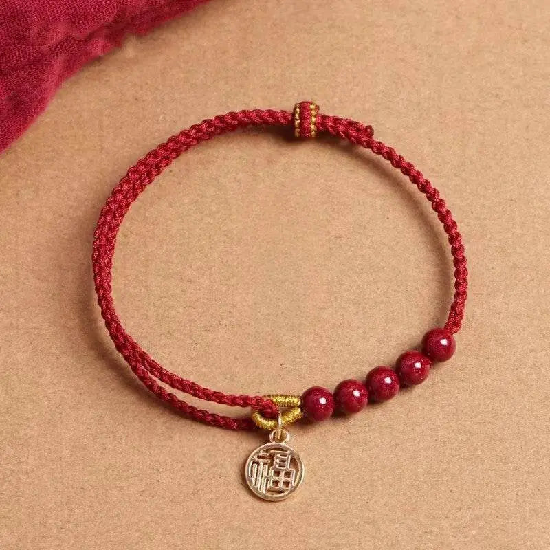 natural cinnabar red rope bracelet with blessing plate, handmade lucky jewelry - star8s