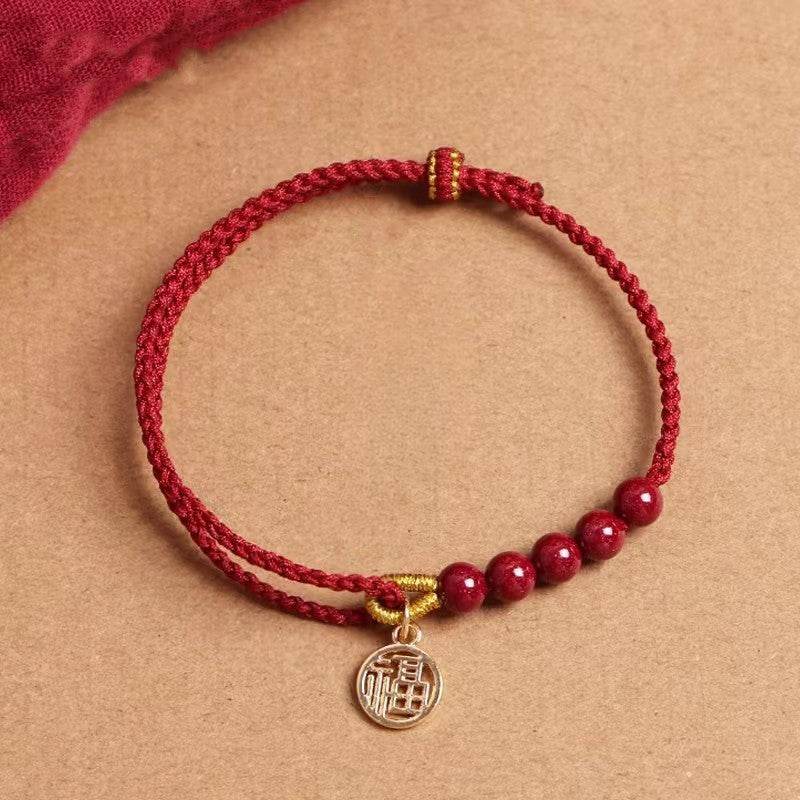 natural cinnabar red rope bracelet with blessing plate, handmade lucky jewelry - star8s