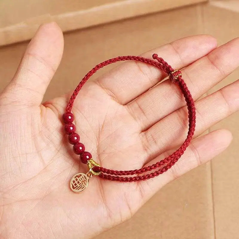 Natural Cinnabar Red Rope Bracelet with Blessing Plate, Handmade Lucky Jewelry - STAR8S