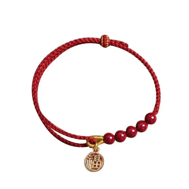 Natural Cinnabar Red Rope Bracelet with Blessing Plate, Handmade Lucky Jewelry - STAR8S