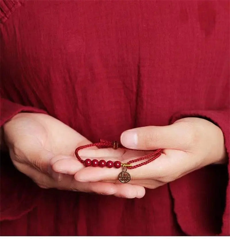 Natural Cinnabar Red Rope Bracelet with Blessing Plate, Handmade Lucky Jewelry - STAR8S