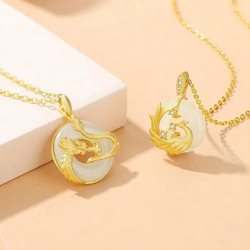 Jade Dragon Phoenix Pendants - 925 Silver Hetian Couples Necklace | STAR8S