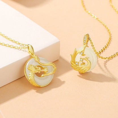 Jade Dragon Phoenix Pendants - 925 Silver Hetian Couples Necklace | STAR8S
