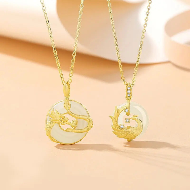 jade dragon phoenix pendants - 925 silver hetian couples necklace | star8s