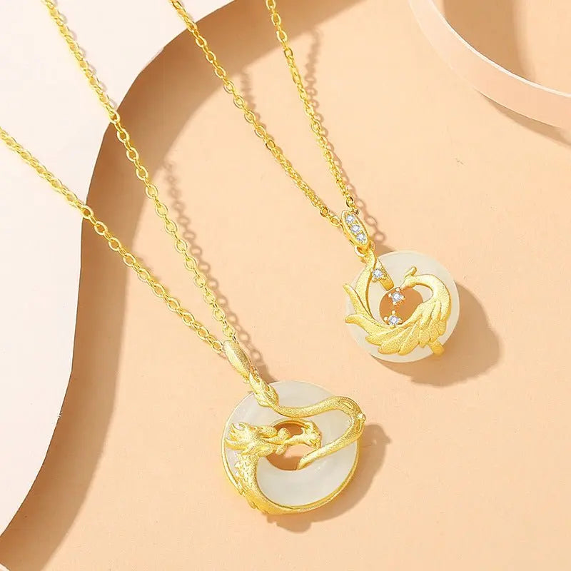 Jade Dragon Phoenix Pendants - 925 Silver Hetian Couples Necklace | STAR8S