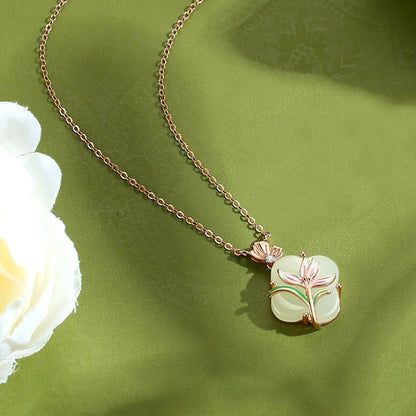 Jade Flower Necklace - 925 Silver Hetian Magnolia Clover | STAR8S
