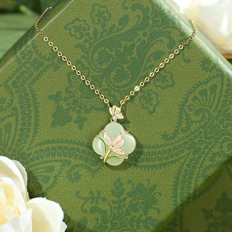 jade flower necklace - 925 silver hetian magnolia clover | star8s