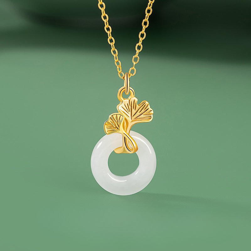 Jade Pendant Necklace - Sterling Silver 925 Heitian Ginkgo Leaf & Donut | STAR8S