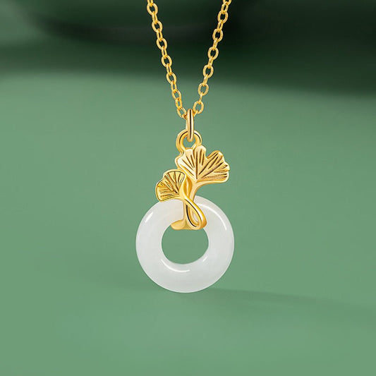 Jade Pendant Necklace - Sterling Silver 925 Heitian Ginkgo Leaf & Donut | STAR8S