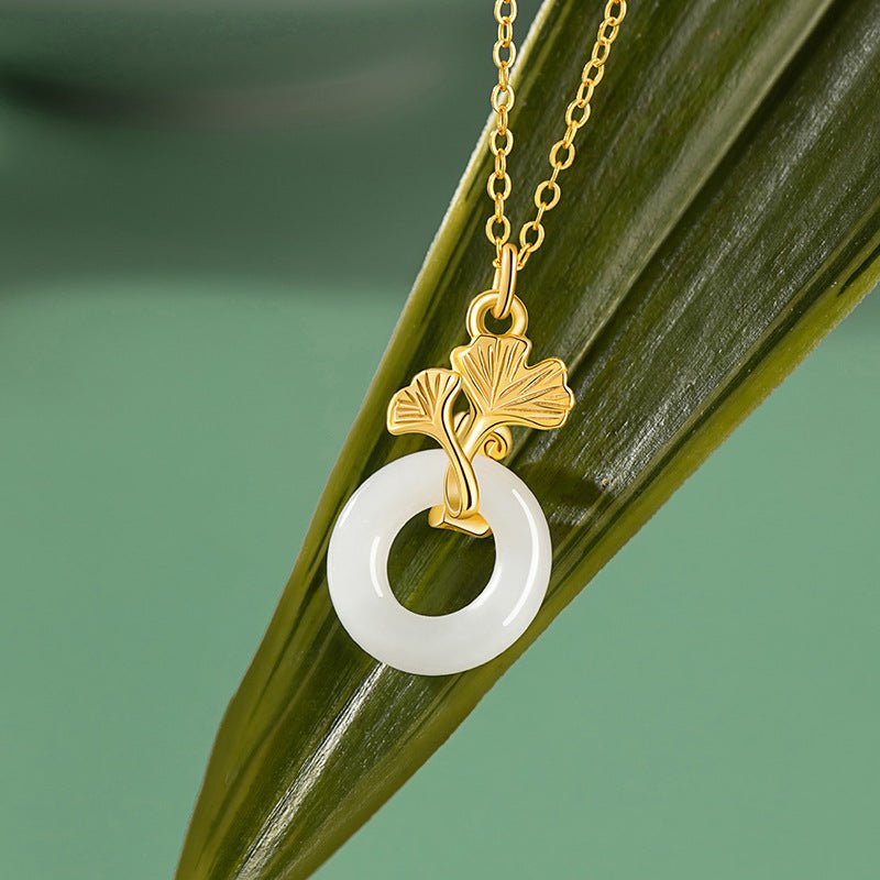 jade pendant necklace - sterling silver 925 heitian ginkgo leaf & donut | star8s