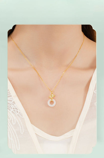 Jade Pendant Necklace - Sterling Silver 925 Heitian Ginkgo Leaf & Donut | STAR8S
