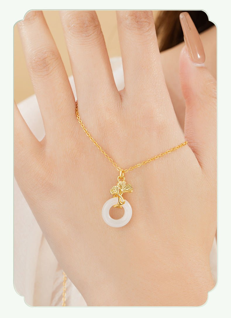 Jade Pendant Necklace - Sterling Silver 925 Heitian Ginkgo Leaf & Donut | STAR8S