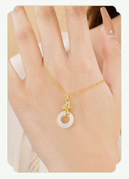 Jade Pendant Necklace - Sterling Silver 925 Heitian Ginkgo Leaf & Donut | STAR8S