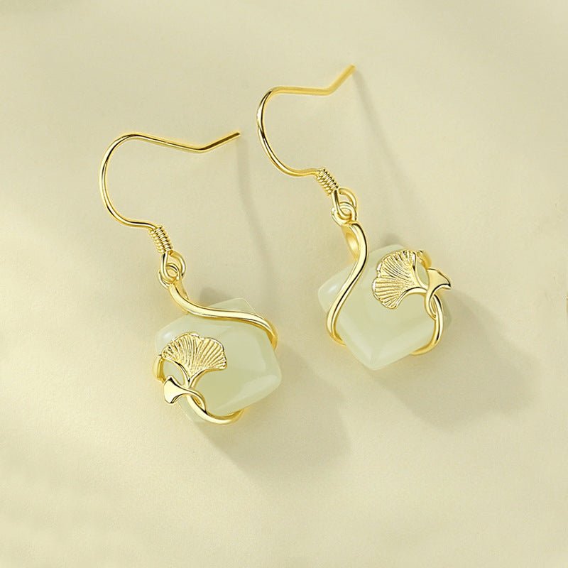lucky gingko leaf stud earring - 925 silver hetian jade cube sugar earrings | star8s