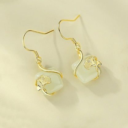 Lucky Gingko Leaf Stud Earring - 925 Silver Hetian Jade Cube Sugar Earrings | STAR8S