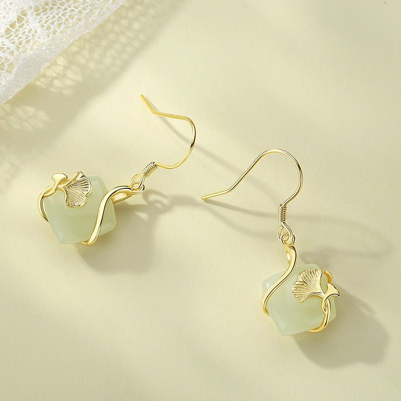 Lucky Gingko Leaf Stud Earring - 925 Silver Hetian Jade Cube Sugar Earrings | STAR8S