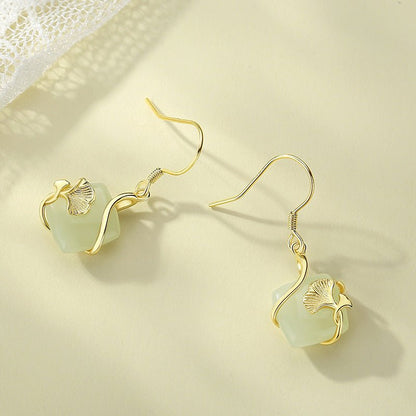 Lucky Gingko Leaf Stud Earring - 925 Silver Hetian Jade Cube Sugar Earrings | STAR8S