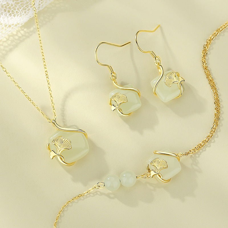 Lucky Gingko Leaf Stud Earring - 925 Silver Hetian Jade Cube Sugar Earrings | STAR8S