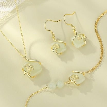 Lucky Gingko Leaf Stud Earring - 925 Silver Hetian Jade Cube Sugar Earrings | STAR8S