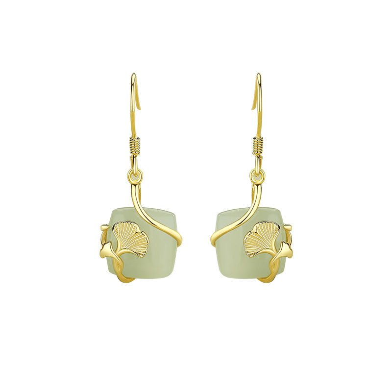 Lucky Gingko Leaf Stud Earring - 925 Silver Hetian Jade Cube Sugar Earrings | STAR8S