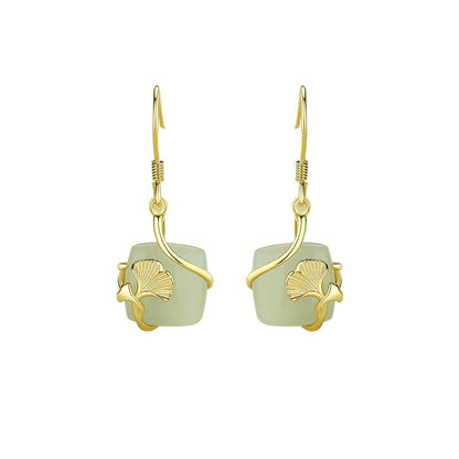 Lucky Gingko Leaf Stud Earring - 925 Silver Hetian Jade Cube Sugar Earrings | STAR8S