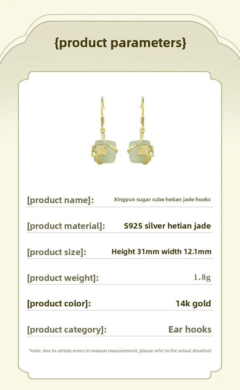 Lucky Gingko Leaf Stud Earring - 925 Silver Hetian Jade Cube Sugar Earrings | STAR8S