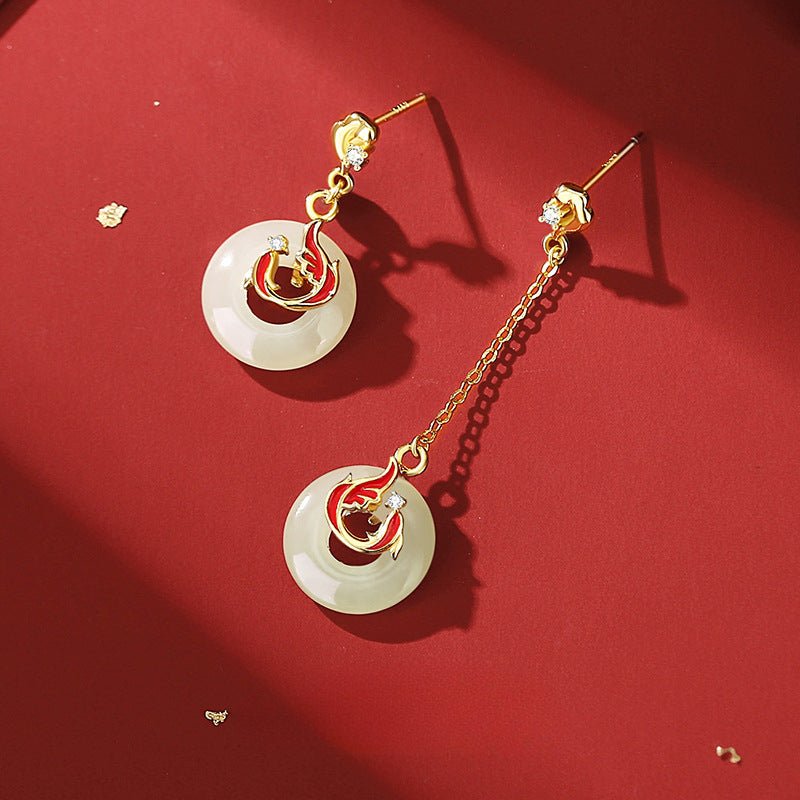 Lucky Koi Fish Ear Studs for Women - 925 Silver Hetian Jade Long Earrings | STAR8S