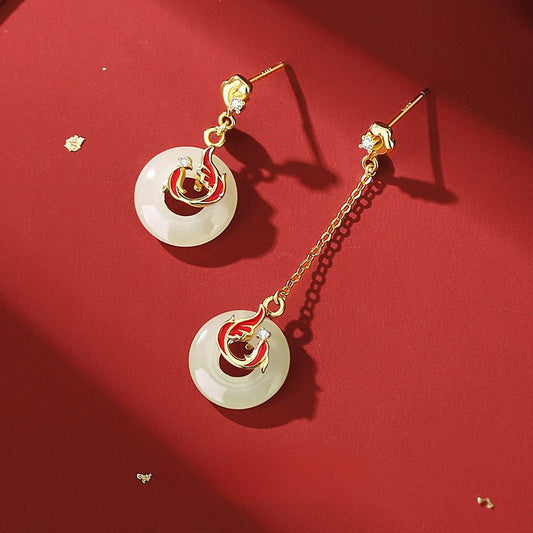 Lucky Koi Fish Ear Studs for Women - 925 Silver Hetian Jade Long Earrings | STAR8S